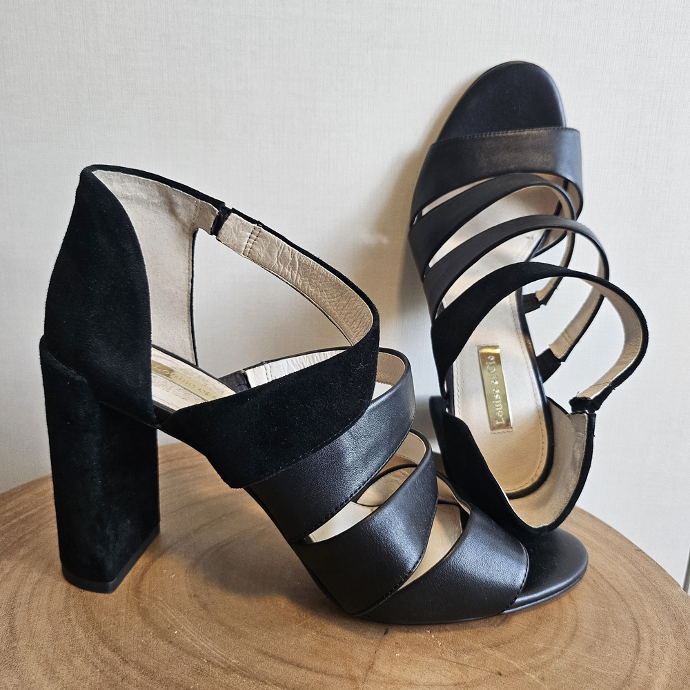 💜 Louise et Cie sz 8.5 Lo-Kainey Black Leather Strappy Block Heels